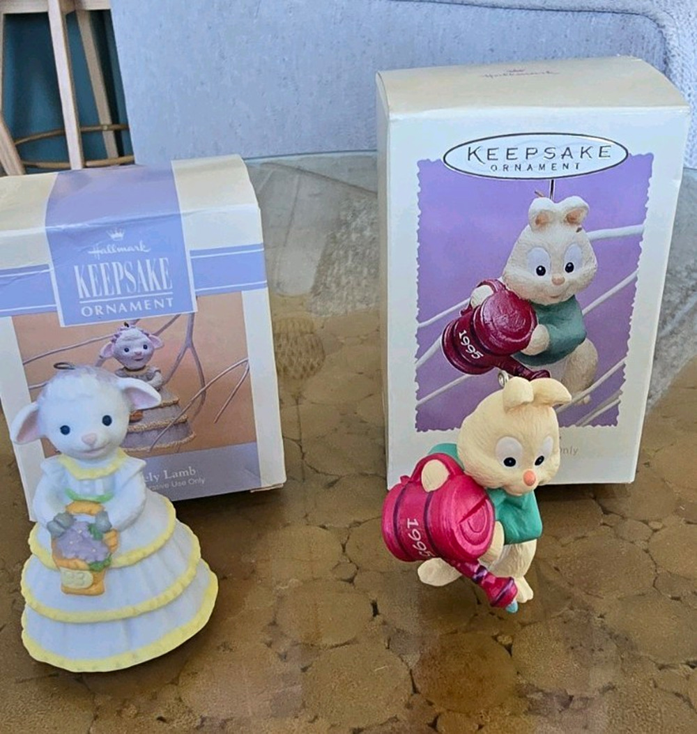 VTG Hallmark Easter Keepsake Ornaments Lot 2 Lovely Lamb April Shower 1993 1995